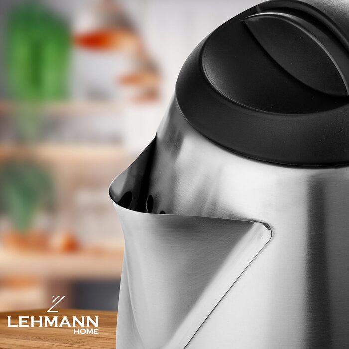 Електричний чайник LEHMANN з нержавіючої сталі, 2200 Вт, 1.8 л, швидке нагрівання, 360° підставка, автовимкнення, захист від перегріву, BPA-Free, для дитячого харчування, чаю та кави, сріблястий
