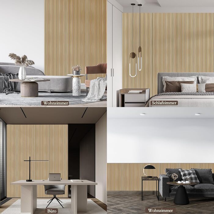 Акустичні панелі JBER самоклеючі для стін, шумопоглинаючі 3D-панелі для студії, офісу та дому, натуральний дуб, 30×30×1 см (набір 12 шт, смугастий дизайн 60×60 см)