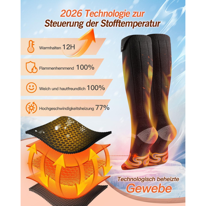 Гріючі шкарпетки 2026 Upgraded, 5000mAh*2, 3 режими нагріву, 360° нагрів, чорні, для жінок та чоловіків, для катання на лижах, полювання, походів