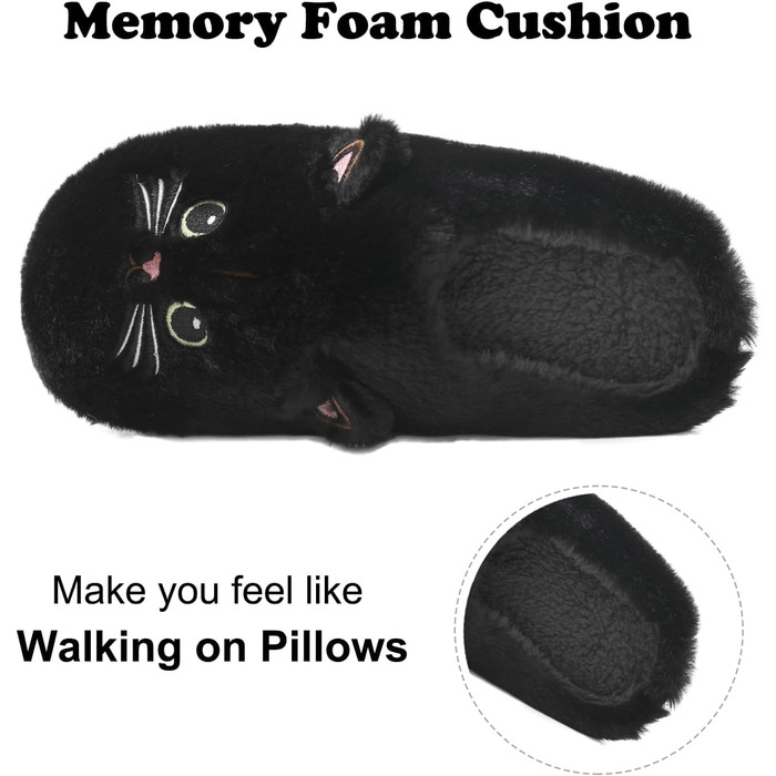 Теплі плюшеві тапочки Shaine для дому: жіночі та чоловічі, бавовна, котик, антиковзаючі, зручні (40/41 EU, Чорний)