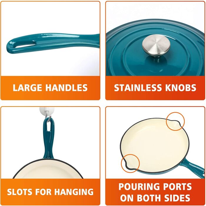 Набір чавунної емальованої посуду Denmay 7 предметів: голландська піч, сковорода, каструля для тушкування, соусник, 3 кришки. Підходить для всіх типів плит, з органайзером, блакитний