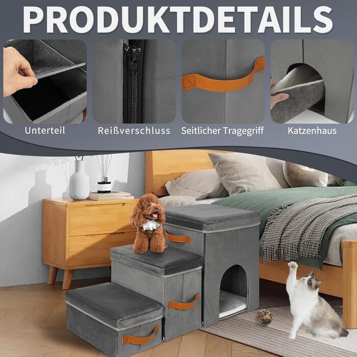 Сходинка для собак та котів Haustiertreppe, складана з місцем для відпочинку, сіра (3 сходинки, сіре гніздо)