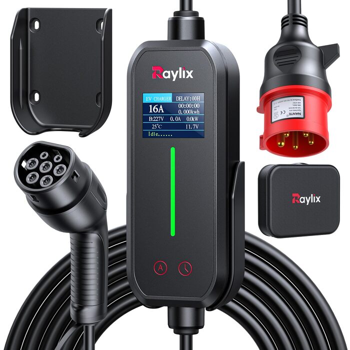 Raylix 2026 11kW Wallbox Typ 2 (7м, 8-16A, 3 фази) з лічильником, регулюванням струму та таймером + CEE 16A - Typ 2 кабель 7м