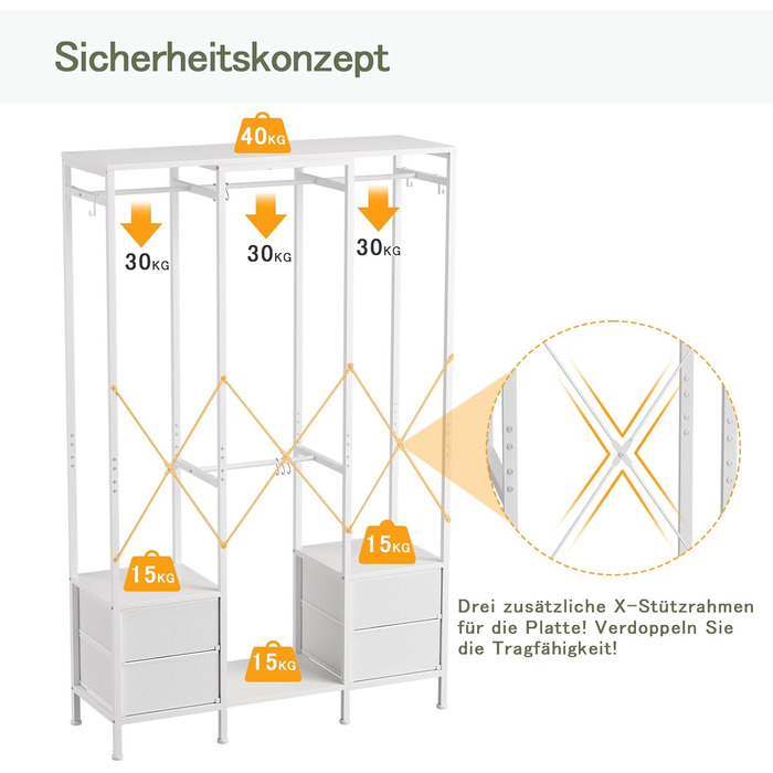 Відкрита шафа для одягу з вішалкою та 4 шухлядами, біла. Підходить для спальні, вітальні, передпокою. Стабільна та міцна.
