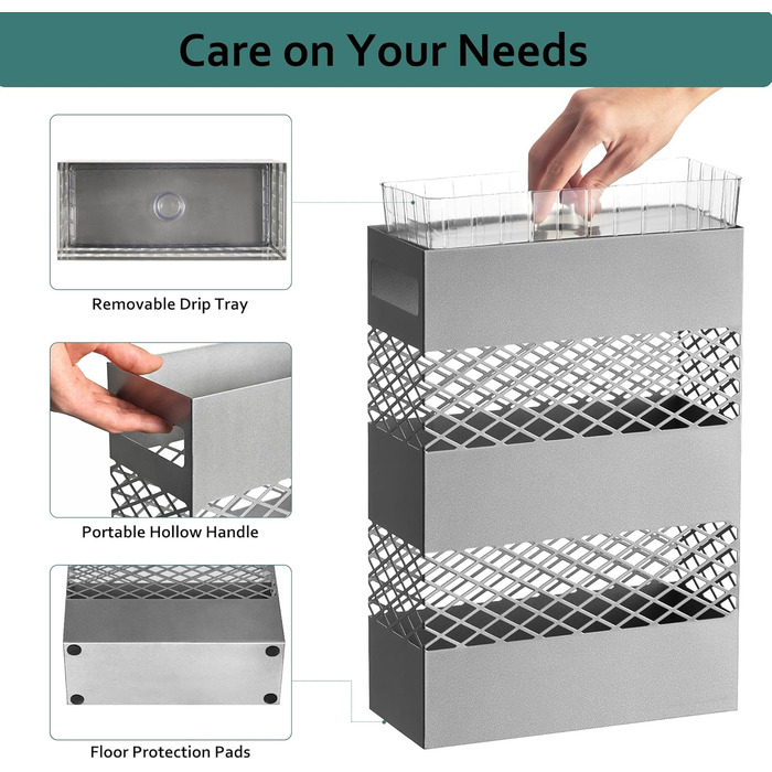 LAND VOI Metal Umbrella Stand - Rectangular, Portable, with Removable Drip Tray - Silver