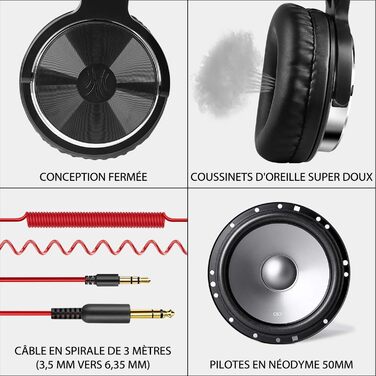 OneOdio Pro30: професійні навушники для DJ, музикантів та студії. Кабельні, з м'якими амбушюрами, Hi-Res звук, бас, Share-Port, 2 роз'єми 3.5mm, червоні