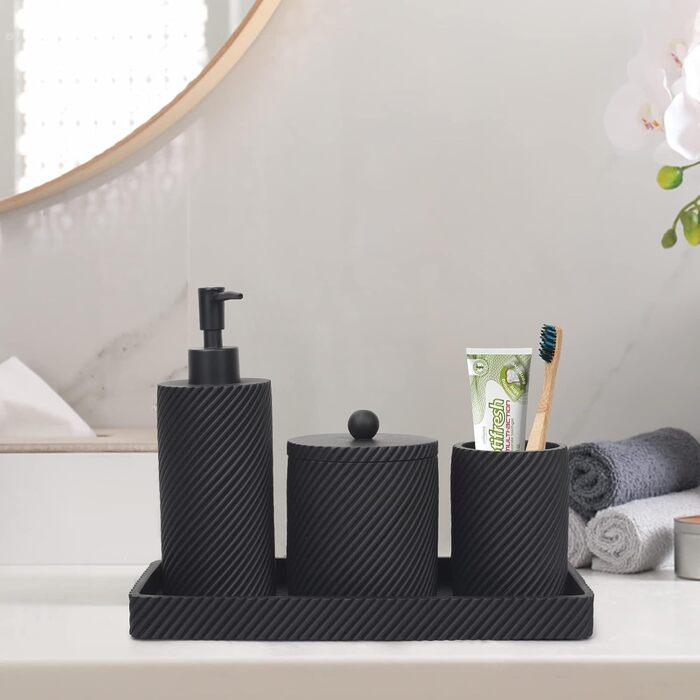 Bathroom Accessory Set, 4-Piece, Lotion/Soap Dispenser, Toothbrush Holder, Qtip Holder, Vanity Tray for Decoration, Bathroom, Countertop, Vanity Organizer, (Matte Black)