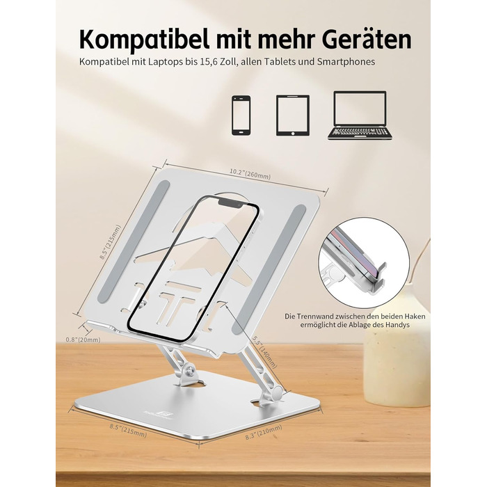 Підставка для ноутбука Ergonomic з алюмінію, регульована по висоті та складна, стабільна та з неслизьким покриттям, покращена вентиляція, сумісна з MacBook (до 15,6 дюймів), срібна