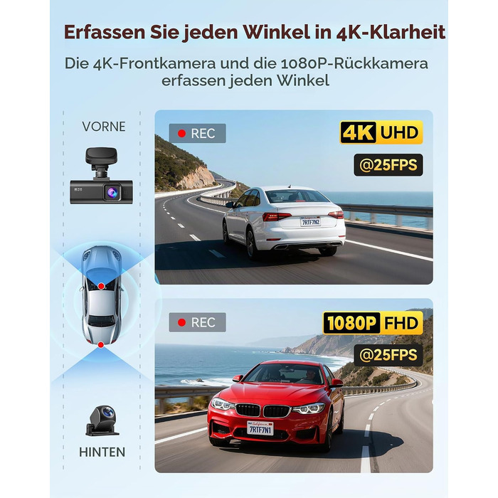 Автомобільний відеореєстратор REDTIGER F7N 4K Ultra HD (передня та задня камери 1080P), WiFi 5.8 ГГц, GPS, нічна зйомка, 24гд паркування, 64 ГБ карта пам'яті, 3.18