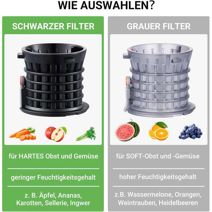 AMZCHEF Електричний соковитискач Slow Juicer 103 мм - потужність 250W, для овочів та фруктів, з 2 фільтрами, тихий двигун, функція реверсу, чорний