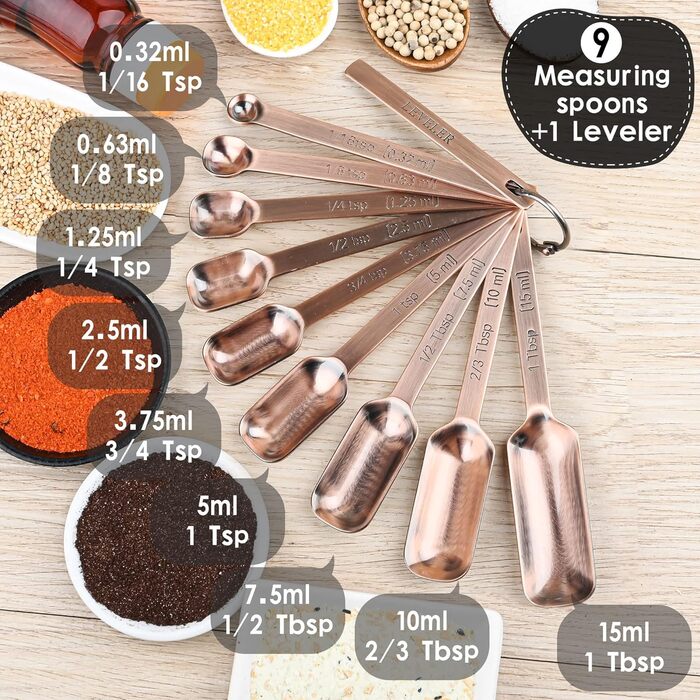 Copper Measuring Cup and Spoon Set, Stainless Steel Measuring Cups and Spoons, Metric, 7 Measuring Cups and 9 Long Measuring Spoons, 1 Leveler and 1 Conversion Chart for Kitchen, Cooking, and Baking