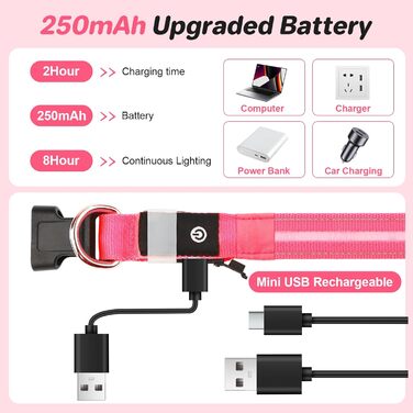 Світлодіодна нашийник для собак Feycig - USB зарядка, водонепроникний, 3 режими, регульований (L, рожевий, 28-40см)
