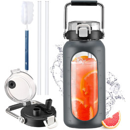 1900ml Glass Drinking Bottle with Straw and Stainless Steel Handle, Glass Water Bottle with Silicone Sleeve and Time Marker, Monitoring Your Daily Drinking Bottle 2 Liter, Light Green (Gray)