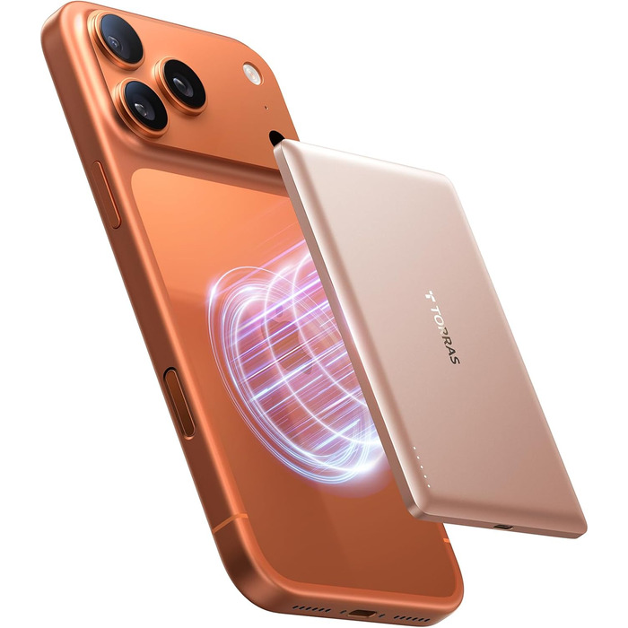 Powerbank TORRAS MiniMag Ultra Slim з MagSafe для iPhone 17 Pro Max, 5000mAh, Швидка зарядка, Бездротовий акумулятор, USB-C, Сірий Титан (Золото)