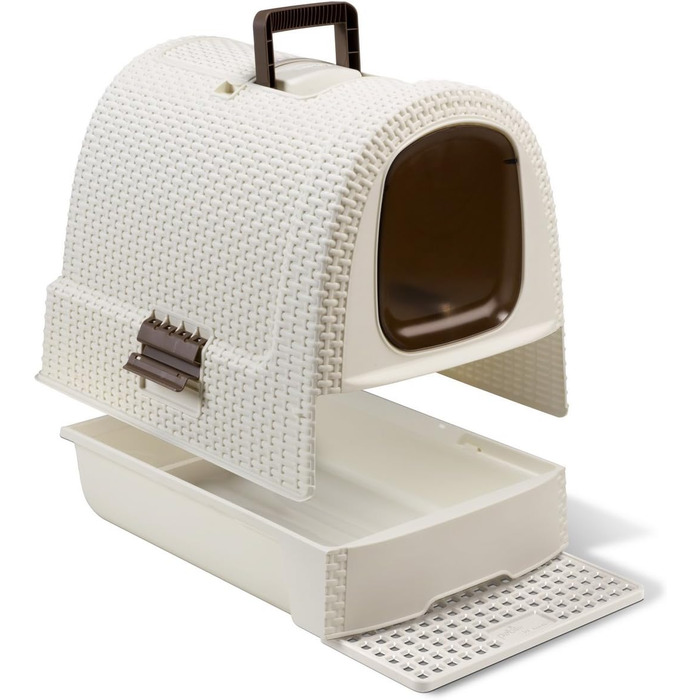 Котячий туалет Curver Petlife з кришкою, лоток для котів з совочком, сучасний дизайн плетіння ротангу, 51,5 x 38,5 x 40 см (слонова кістка)