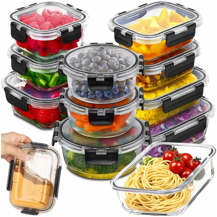 Набір зі 10 скляних ланчбоксів для їжі, термостійкі контейнери з герметичною кришкою