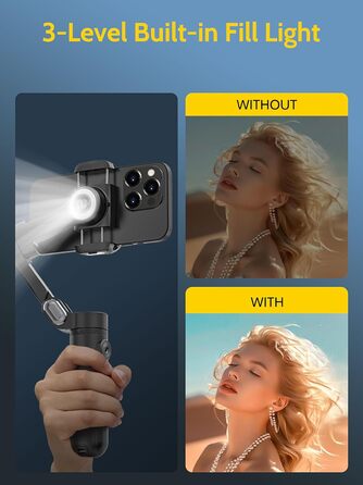 Стабілізатор для смартфона AOCHUAN 3-осьовий з функцією розпізнавання обличчя, вбудованим світлом та 1/4 дюйма різьбою. Підходить для iPhone 16/15 Pro, Android, TikTok-влогів. Чорний.