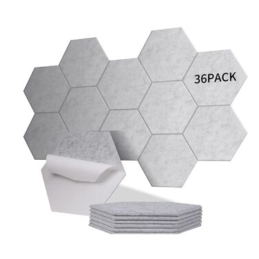 Акустичні гексагональні панелі самоклеючі для шумоізоляції стін та дверей, 36 шт, сріблясто-сірі (1.4м², 230кг/м³, NRC 0.95, 100% поліестер)