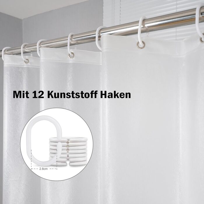 Шторка для душу AooHome 180x200 см, прозора, біла, з 5 магнітними важестями, 12 гачками, з рельєфним малюнком, водовідштовхувальна, антигрибкова, для ванни, для ванної кімнати