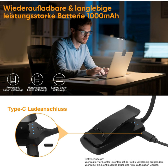 LED лампа для читання на прищіпці з акумулятором, нічник з 24 LED для дітей, USB перезарядна лампа з 3 режимами колірної температури та 5 рівнями регулювання яскравості, гнуший лебединий шийний кріплення для читання в ліжку, чорний