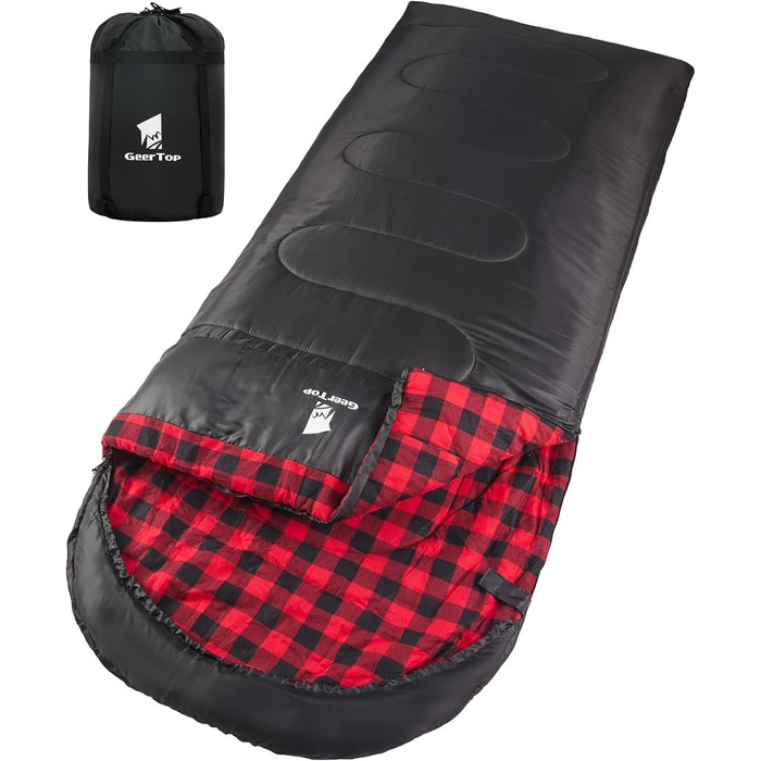 Сплячий мішок GEERTOP XXL 4 сезони, фланелевий, 220x100 см, для дорослих, кемпінг, подорожі, туризм (чорний з червоним візерунком)