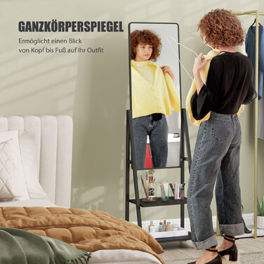 HOMCOM Full Length Mirror, 42 x 155 cm Standing Mirror with Shelf, Standing Mirror with Wheels, Floor Mirror for Bedroom, Living Room, Black | Aosom