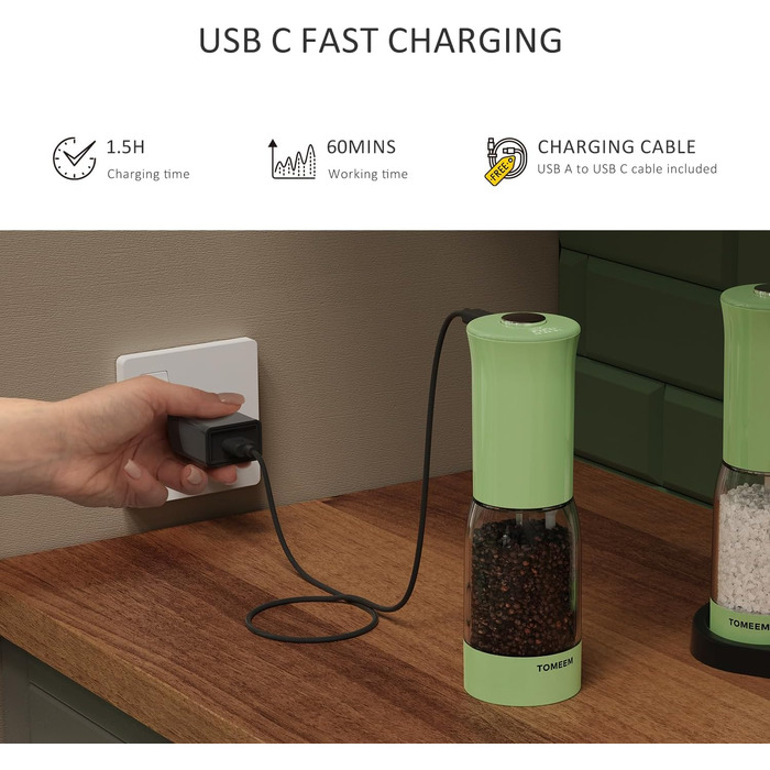 Електричні соляні та перечні млини TOMEEM 2 шт. (LED-дисплей, USB, регулювання помелу, керамічний механізм, 125 мл)