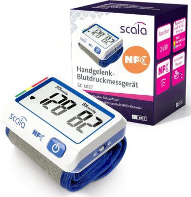 Тонометр на зап'ястя Scala SC 6027 NFC - точний вимірювач артеріального тиску з індикатором ВООЗ, 85 місць пам'яті, Fuzzy Logic, з коробкою та батарейками, манжета 13,5-19,5 см