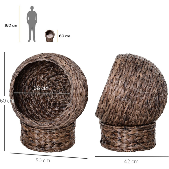 PawHut Rattan Cat Basket Cat Cave Cat House Cat Bed with Cushion Pet Bed Water Hyacinth 42 x 33 x 52 cm (50L x 42W x 60H cm, Coffee)