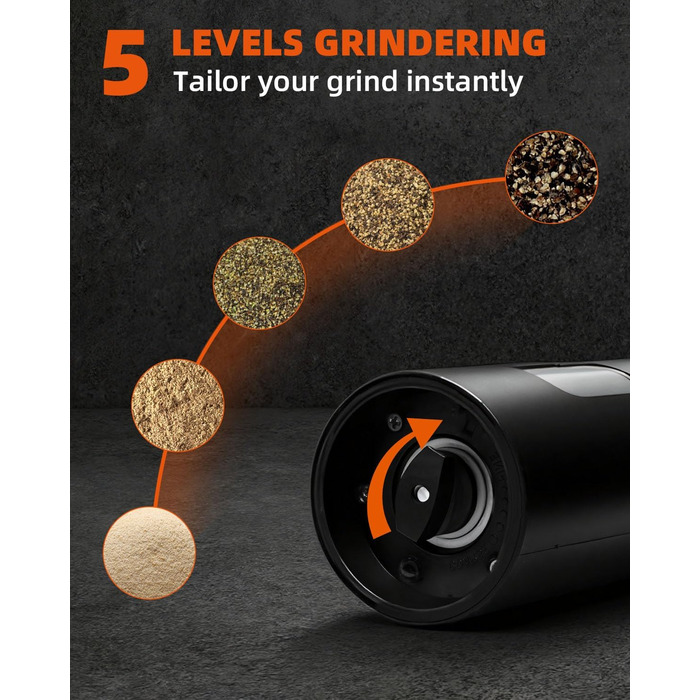 Набір електричних мельниць для солі та перцю з заряджною станцією, об'єм 110 мл, 5 ступенів помелу, керамічна млинка, щітка, 2 шт., чорний