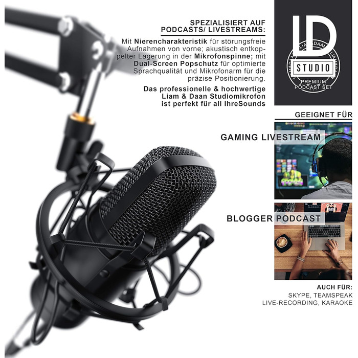 Конденсаторний мікрофон CSL з кріпленням XLR - Комплект для студії, запису вокалу, подкастів, стрімінгу та геймінгу, велика мембрана, 3.5mm jack, XLR кабель