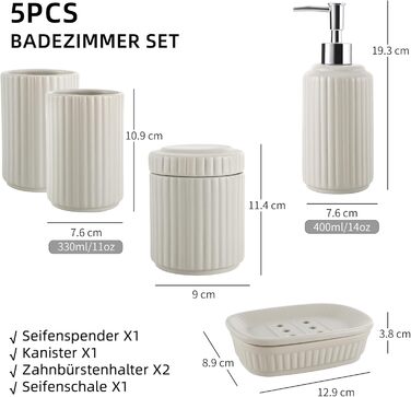 Набір для ванної кімнати NOVAJOY, кераміка, 5 предметів: мильниця, дозатор мила, тримач для зубних щіток, контейнер для ватних паличок, декор для ванної кімнати преміум-якість (абрикосовий сірий)