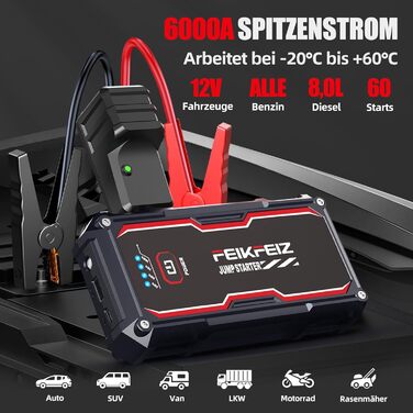 Портативний акумулятор для автомобіля 6000A/26800mAh, підходить для 12V авто (бензин та до 8.0L дизель), з USB та LED-ліхтариком