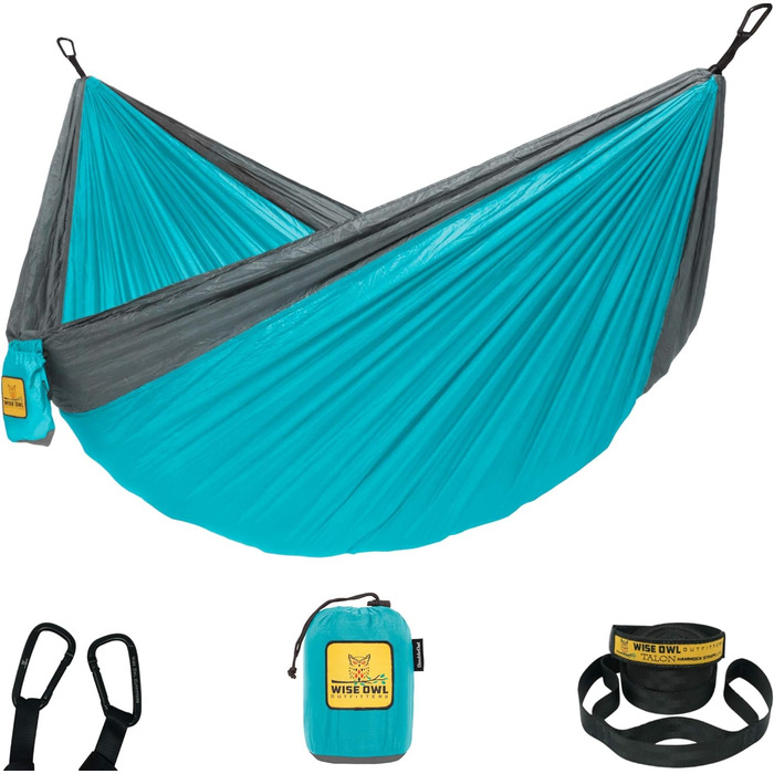 Wise Owl Outfitters Hammock for Camping, Single Hammocks, Outdoor Gear, Backpacking, Survival, or Travel, Portable, Lightweight, Parachute Nylon, Blue and Gray