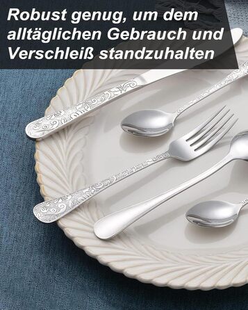 Набір столових приборів Vintage з різьбленням на 6 осіб, нержавіюча сталь, сріблястий (24 предмети) - ложки, виделки, ножі для дому та кухні, поліровані