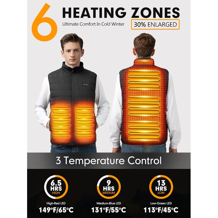 Обогріваючий жилет з підігрівом для жінок та чоловіків, жилетка з акумулятором 7.4V/5.0V, 3 режими температури, 6 зон нагріву, зимовий жилет-куртка, чорний, 25000mAh