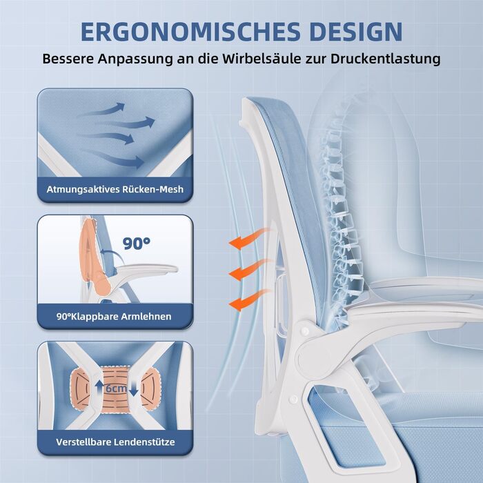 Ергономічне крісло для офісу, крісло для робочого столу з підйомними підлокітниками, регульована поперекова підтримка, офісне крісло для керівника, поворотне крісло, сітчасте крісло з функцією гойдання до 125°, (Синій, без підголівника)