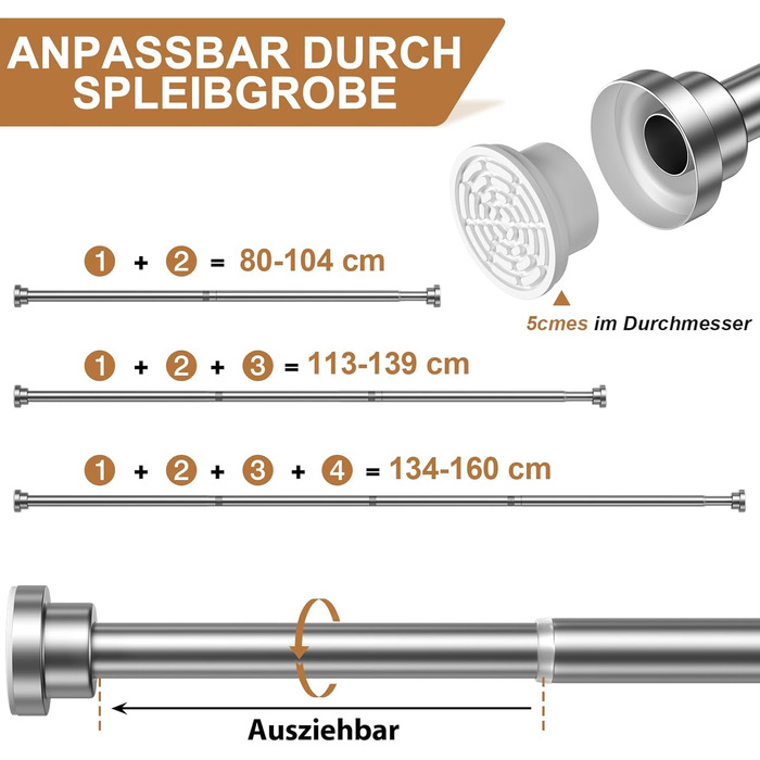 Штанга для душу/шторки без свердління AIZESI, телескопічна, 80-160 см, діаметр 22 мм, для ванної, вікна, шафи
