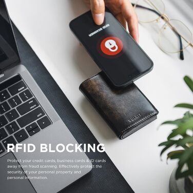 Портмоне для карток VULKIT RFID з захистом, з натуральної шкіри, з відділенням для грошей, віконцем для посвідчення та відділенням для монет, на магнітній застібці (Industrial Metallique Texture, Чорний)