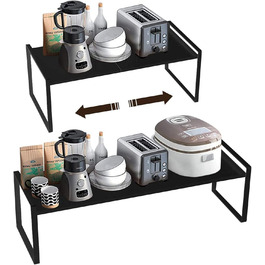 KZOBYD Expandable Kitchen Shelf, Foldable Kitchen Cabinet Shelf Spice Rack Organizer for Dishes and Supplies Stackable Kitchen Storage Organizer for Extra Storage Space (White, ) (Black, Large)