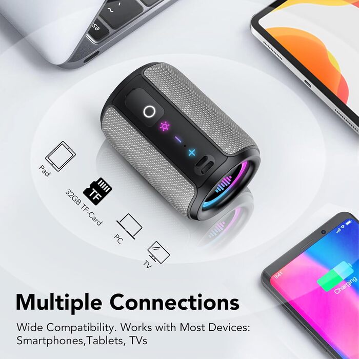 Bluetooth колонка 15W, портативна, 12 год автономії, IPX7 водонепроникна, сіра - для спорту, вечірок, подорожей