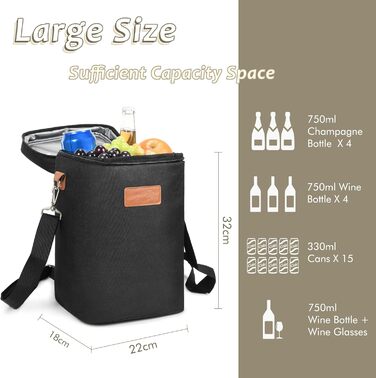 Kato Tirrinia Insulated Wine Cooler Bag, 4 Bottle Cooler Bag Wine Bag Beverage Bags with Handle and Adjustable Shoulder Strap, Gift for Wine Lovers for Picnic, Party, Beach (Cooler for 4 Bottles - Black)