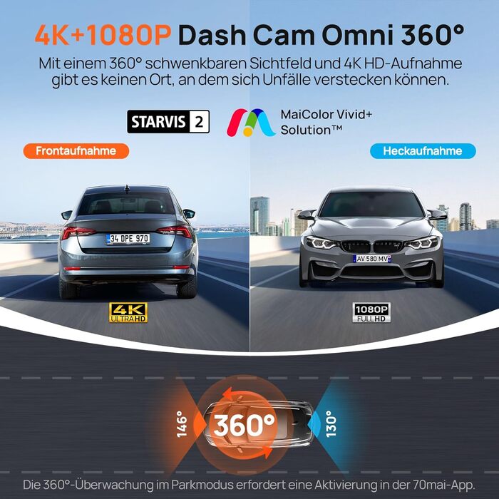 Відеореєстратор 70mai Dash Cam 4K Omni: 4K+1080P, 360° огляд, Dual STARVIS 2 HDR, GPS, WiFi, 4G LTE, 24/7 запис, AI-розпізнавання, нічне бачення, 128GB SD-карта