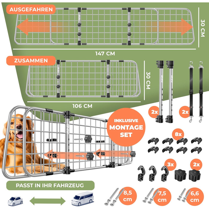 Автомобільне захисне ґрати для собак, універсальні, регульовані, сірий колір, з кріпленнями для собак