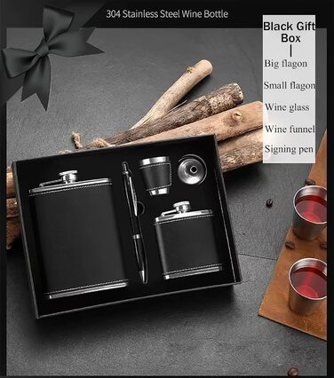 Персоналізований набір фляг 8oz + 3oz, чорна шкіра з келихом з нержавіючої сталі, ручка для підпису, воронка - подарунковий набір для чоловіків, ідеальний для подарунка на День батька