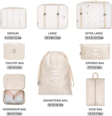 Набір органайзерів для валізи MURISE (8/6 шт.) - кубики для пакування, система організації подорожей, бежевий колір