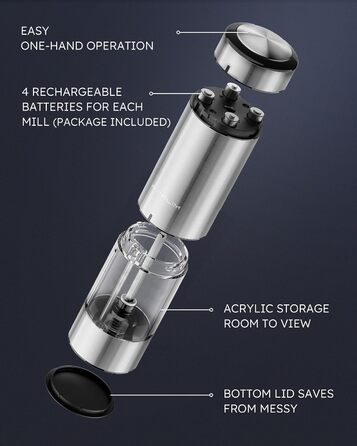 Електричний набір млинців для перцю та солі FORLIM, з USB-зарядкою, з LED підсвіткою, регульованим керамічним механізмом, нержавіюча сталь, сріблястий