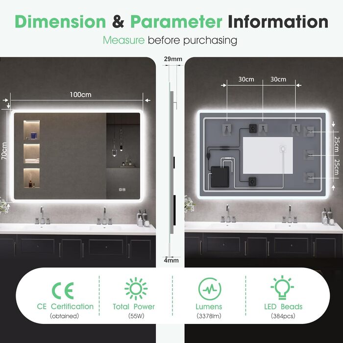 Дзеркало для ванної кімнати S'bagno з підсвічуванням 80x60 см, LED, Bluetooth, протитуманне покриття, 3 кольори, регулювання яскравості, пам'ять, загартоване скло, IP44, горизонтальне/вертикальне встановлення