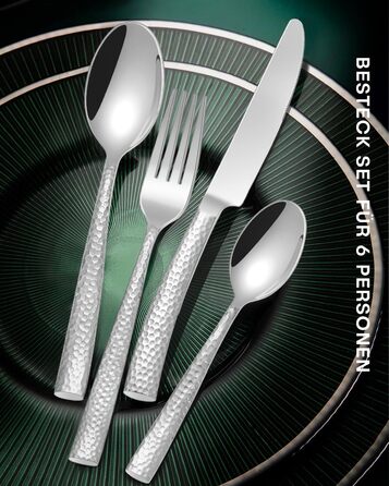 HONKKU 30-Piece Flatware Set, 6 People, Thickened Stainless Steel Cutlery Set with Hammered Handle, Eating Cutlery Set with Knife, Fork, Spoon, Mirror Polished, Dishwasher Safe
