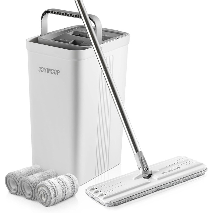 JOYMOOP Mop and Bucket Set with Wringer for Home, Flat Mop and Bucket System, Mops for Floor Cleaning and Wall Cleaner, with 3 Reusable Microfiber Mop Pads